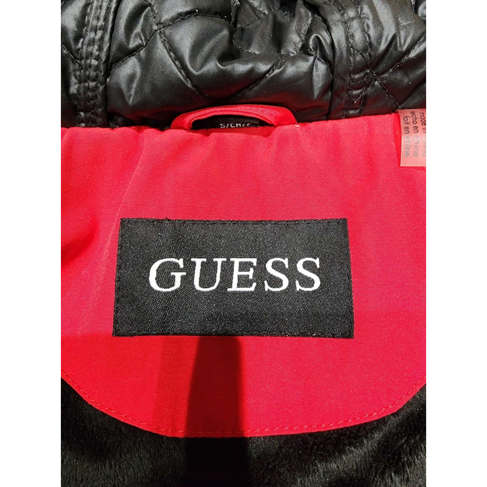 GUESS Puffer Parka Jacket Faux Fur Hood Red S/CH/XS Zip Pockets Winter Used - Picture 5 of 13